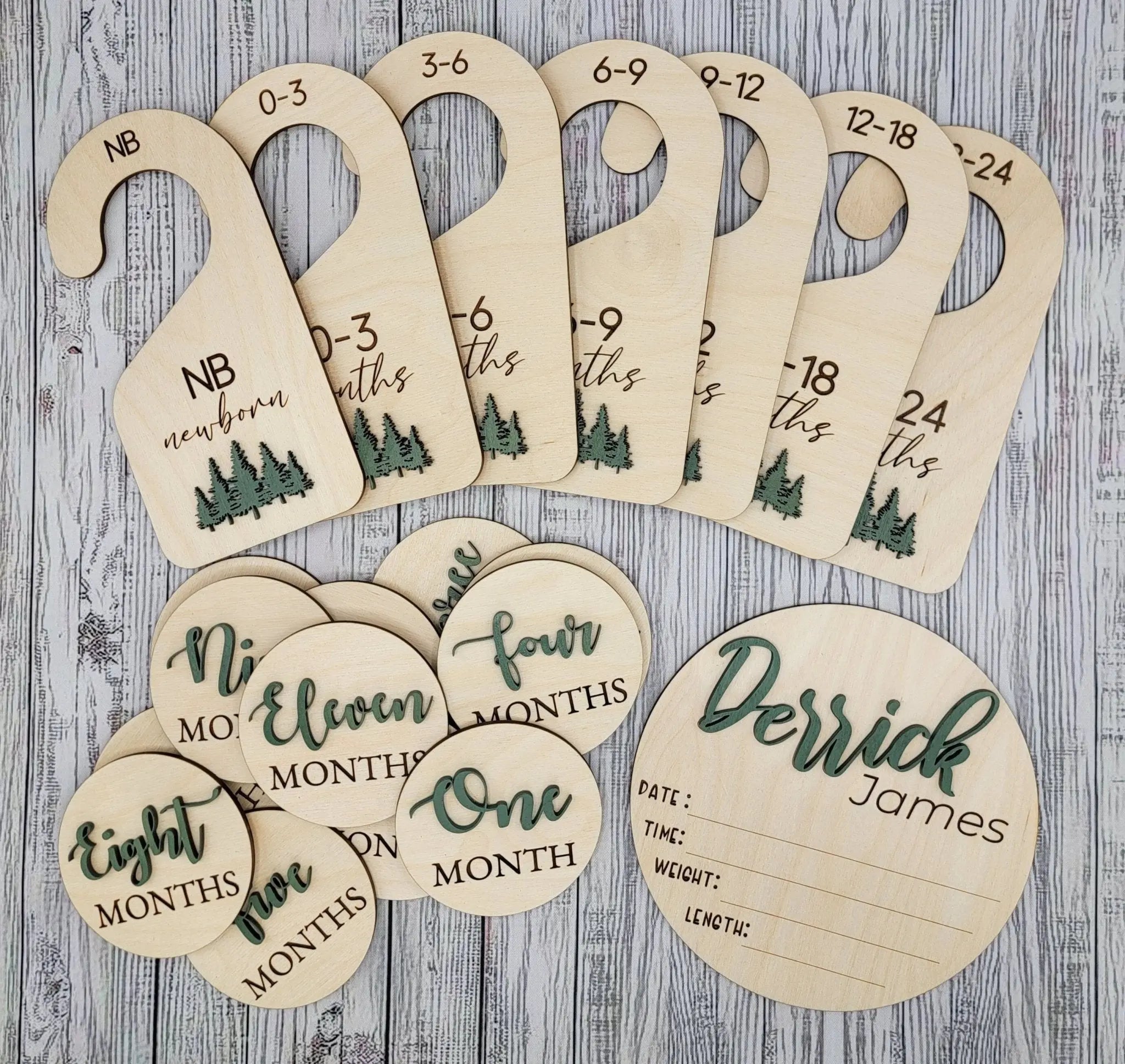 Baby announcement sign with milestone discs and closet dividers
