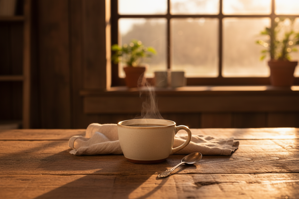 Coffee steaming on a southern table by a bright window