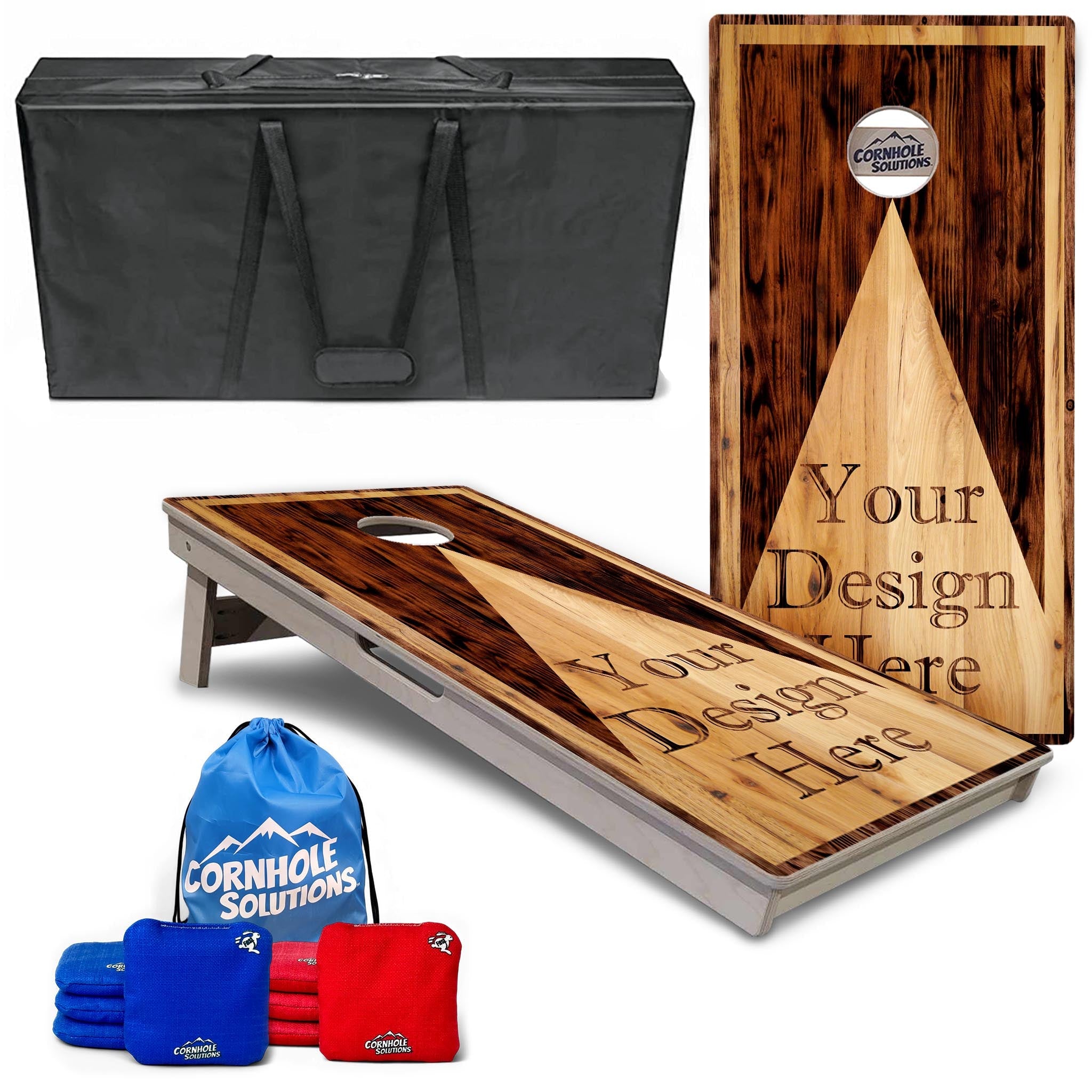 Custom wood logo complete tournament cornhole bundle with boards, bags, tote, and carrying case