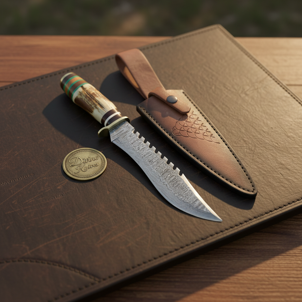 Staghorn Damascus Sawback Survival Bowie with Notched Spine for Field Work by Divine Knives — product view 1