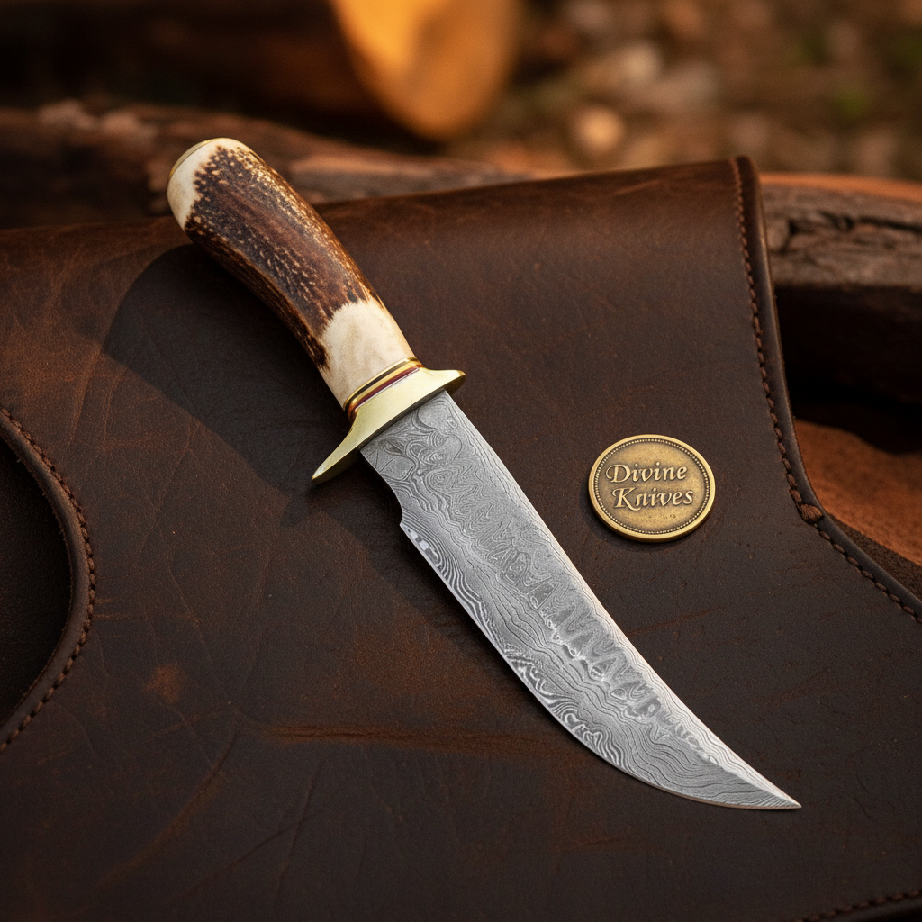Crown Stag Hunting Knife with Clip Point Forged Blade and Studded Leather Sheath by Divine Knives — product view 2