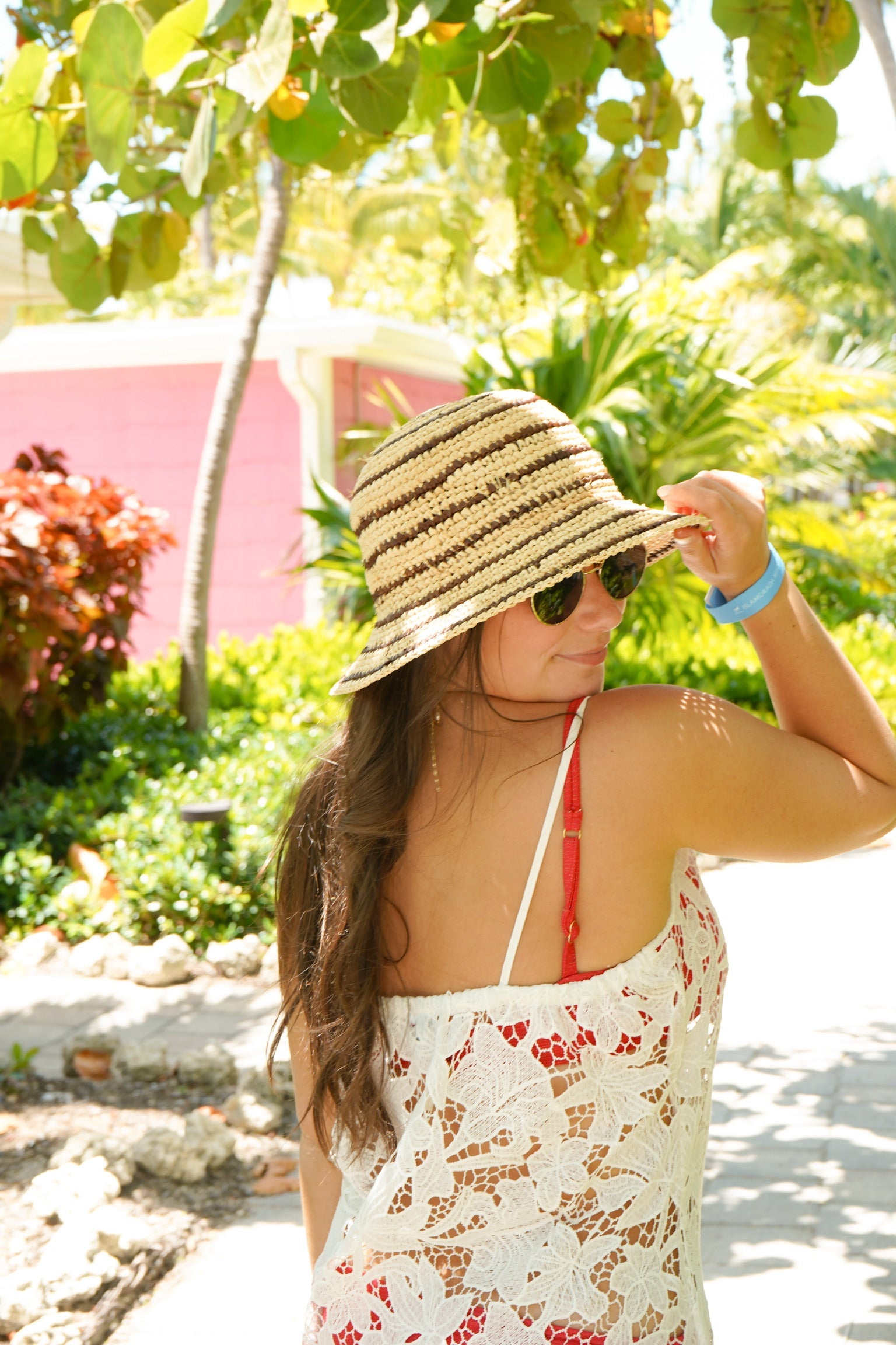 Brown Stripe Raffia Bucket Hat