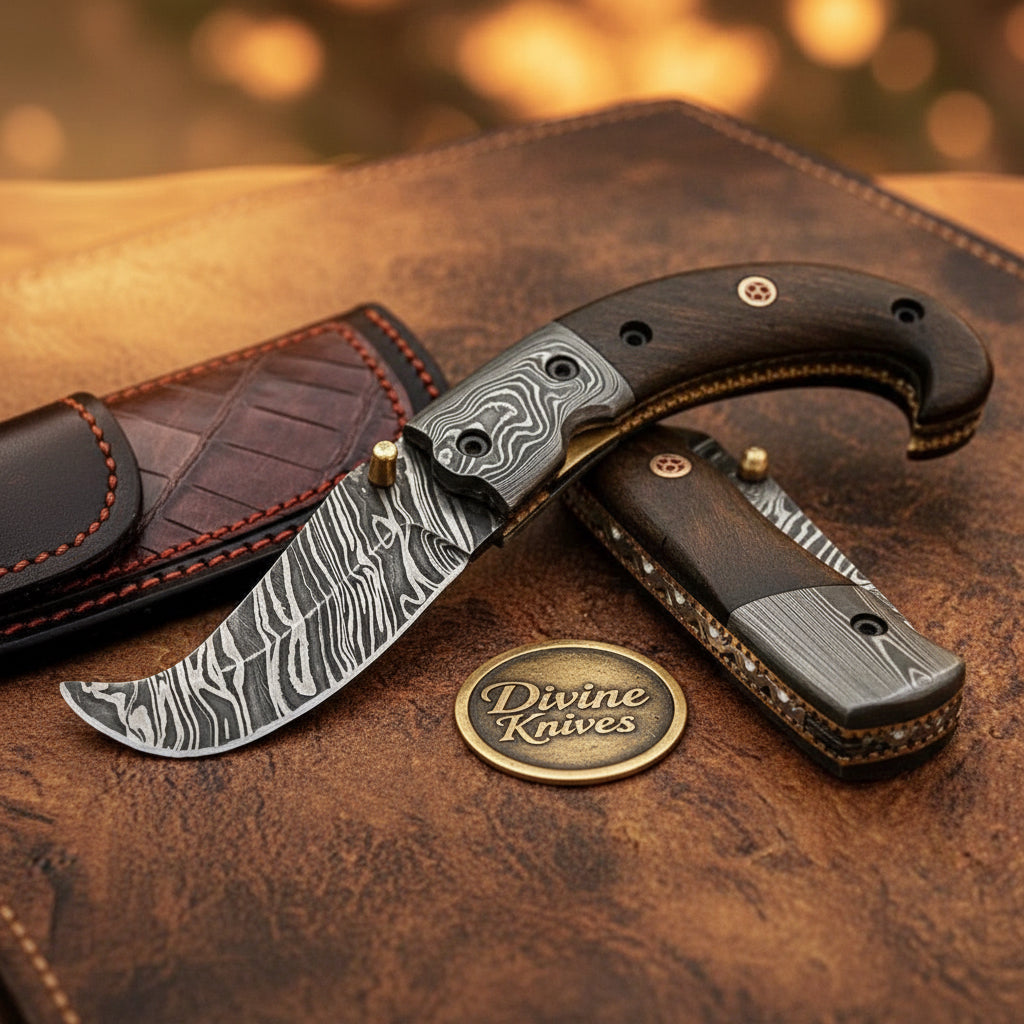 Rosewood Damascus Scimitar Folder with Curved Blade and Rich Wood Grip