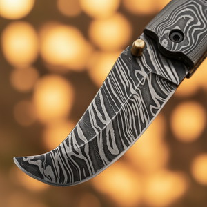 Rosewood Damascus Scimitar Folder with Curved Blade and Rich Wood Grip