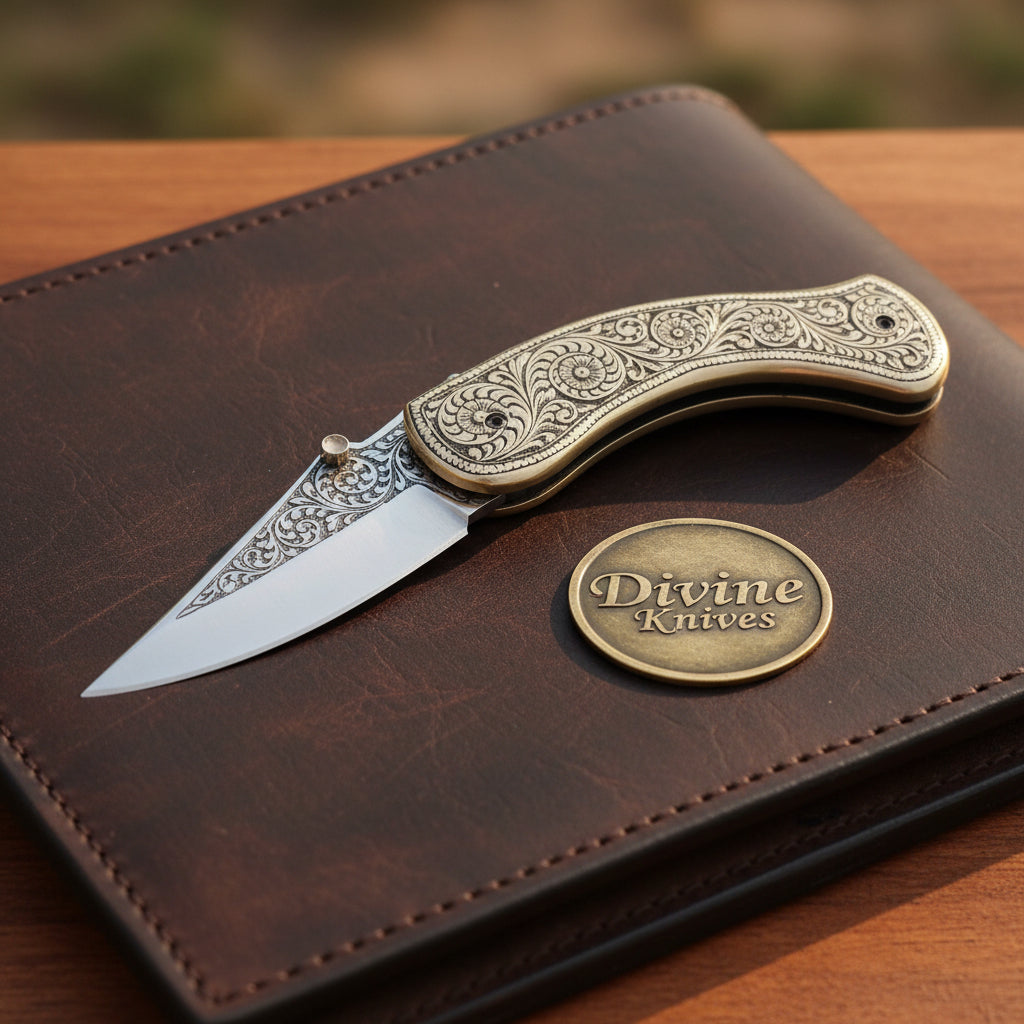 Engraved Brass Folding Pocket Knife with Scroll Etched Blade and Slim Curved Handle
