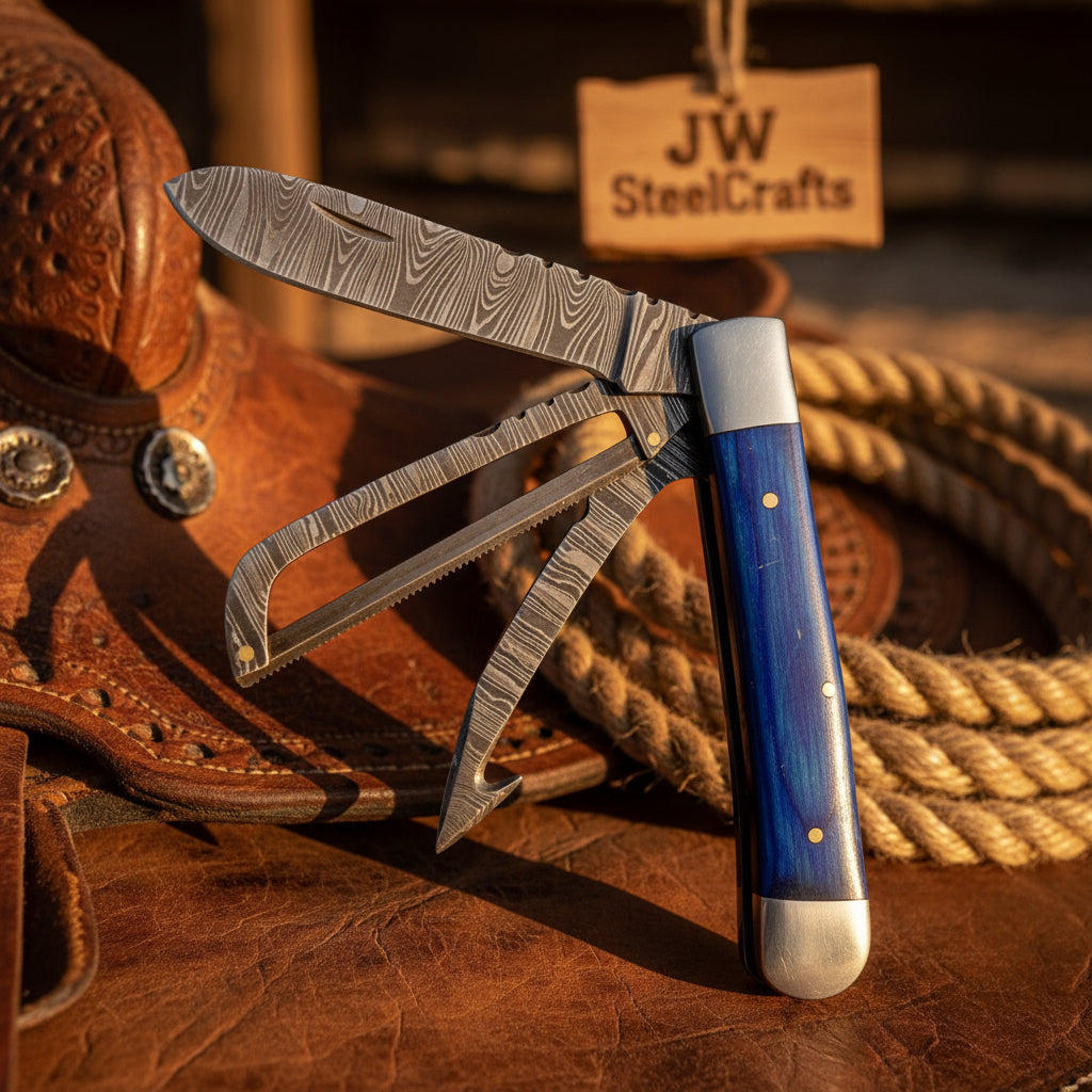 Midnight Blue Damascus Trapper Folder Knife 7" Handmade Two-Blade with Resin handle