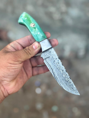 Green Damascus Drop Point Hunter with Mosaic Ricasso Pattern