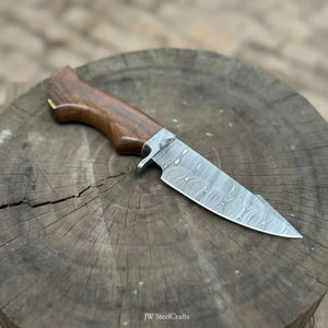 Handmade Damascus Drop Point Hunting Knife with Rose Wood Handle
