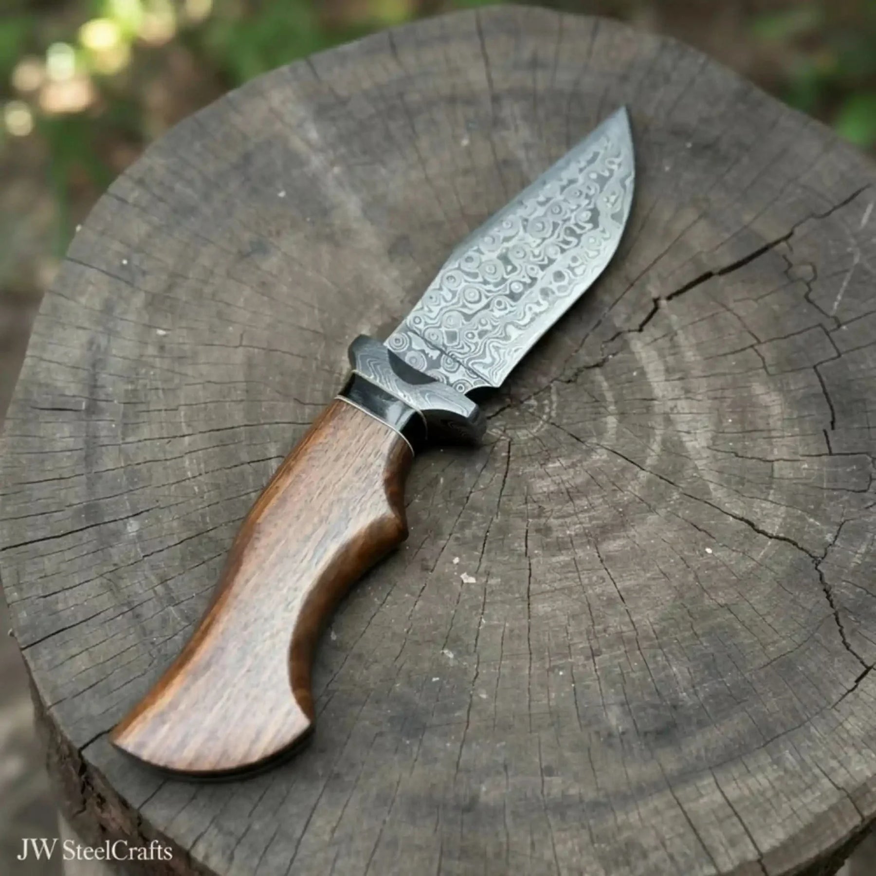 Handmade Damascus Drop Point Hunting Knife with Rose Wood Handle