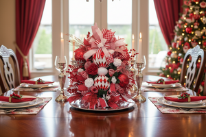 Elegant Stacked Ornament Christmas Wreath | Handmade Red & White Holiday Front Door Wreath | Luxury Christmas Door Hanger