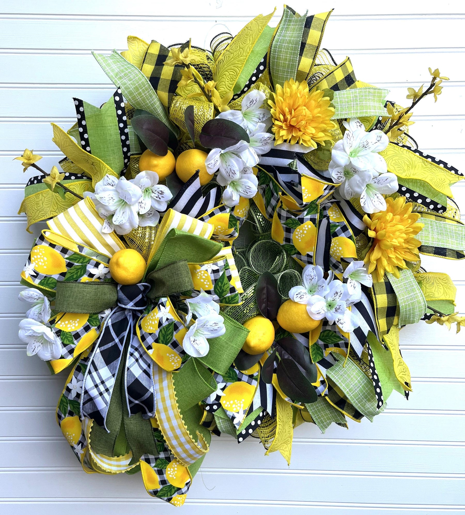Lemon Front Door Wreath | Farmhouse Gingham Decor by Bouge Creations, view 6