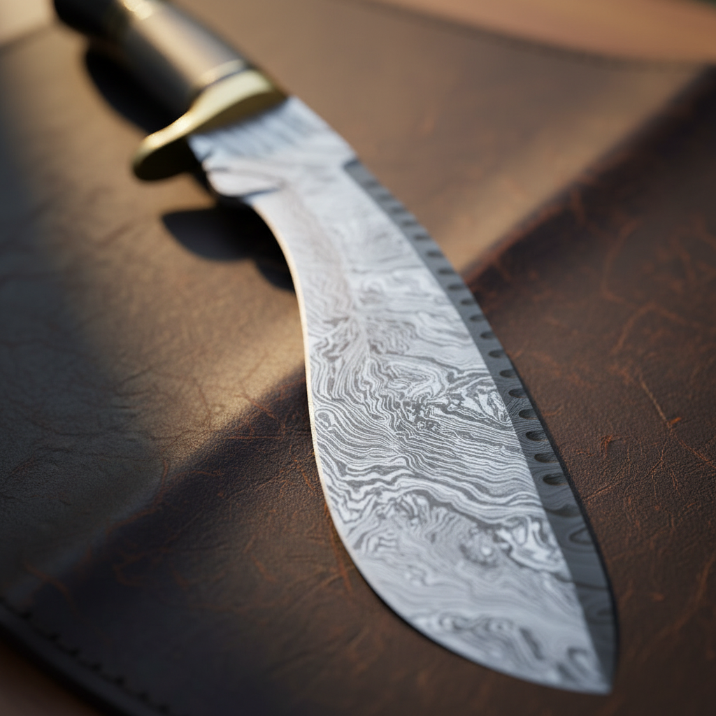 Ebony Handle Kukri Knife with Brass Guard and Forward Curved Forged Blade