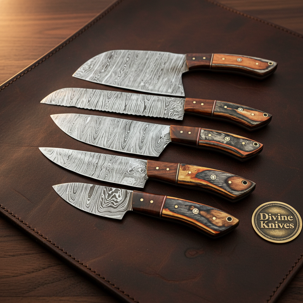 Two Tone Wood Chef Knife Set of 5 with Copper Pins and Forged Kitchen Blades