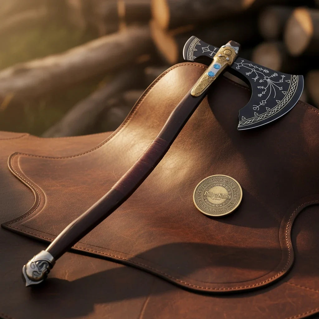 Norse Rune Etched Viking Axe with Gold Brass Bolster & Blue Stone Inlays by Divine Knives — product view 1