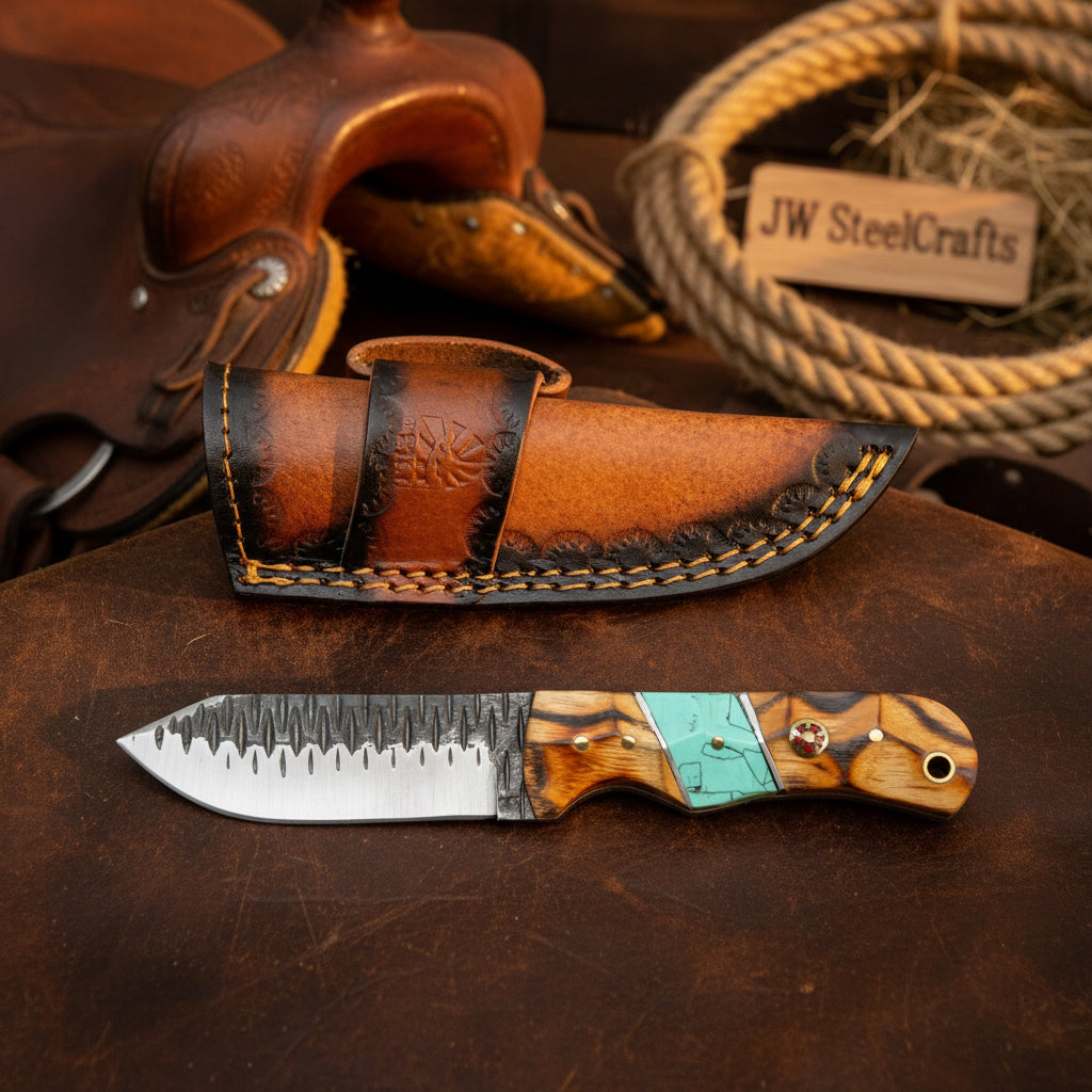 Turquoise Ridge Tracker Knife Damascus with Serrated Spine by JW SteelCrafts — view 1 of 1