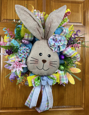 Burlap Bunny Easter Wreath | Pastel Spring Door Decor by Bouge Creations, view 2