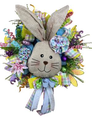 Linen Bunny Easter Wreath | Handmade Spring Front Door Wreath | Farmhouse Bunny Decor | Pastel Easter Door Hanger | Easter