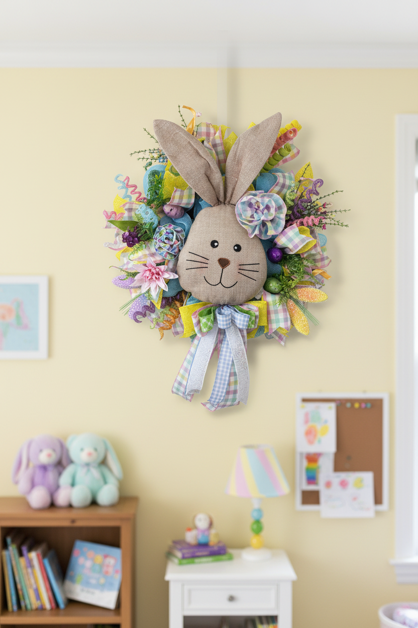 Linen Bunny Easter Wreath | Handmade Spring Front Door Wreath | Farmhouse Bunny Decor | Pastel Easter Door Hanger | Easter