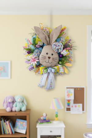 Linen Bunny Easter Wreath | Handmade Spring Front Door Wreath | Farmhouse Bunny Decor | Pastel Easter Door Hanger | Easter