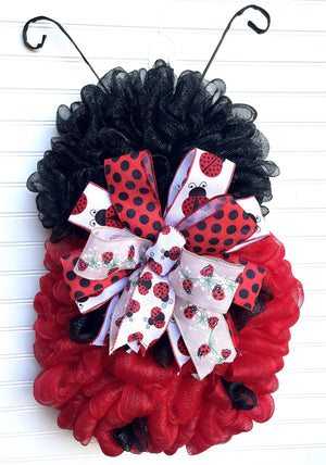 Ladybug Mesh Door Decor | Red & Black Porch Accent handmade by Bouge Creations