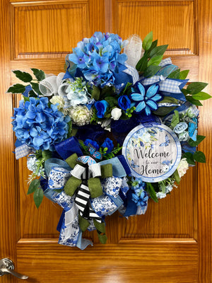 Blue Hydrangea Welcome Wreath | Front Door Decor by Bouge Creations, view 9