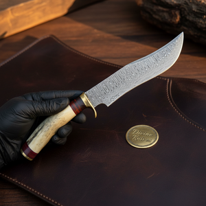 Trailing Point Hunter Knife with Stag Horn Handle and Hand Forged Patterned Blade