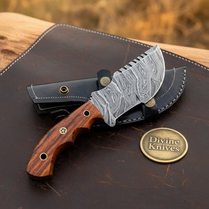 Rosewood Finger Groove Damascus Tracker Knife with Contoured Wood Handle