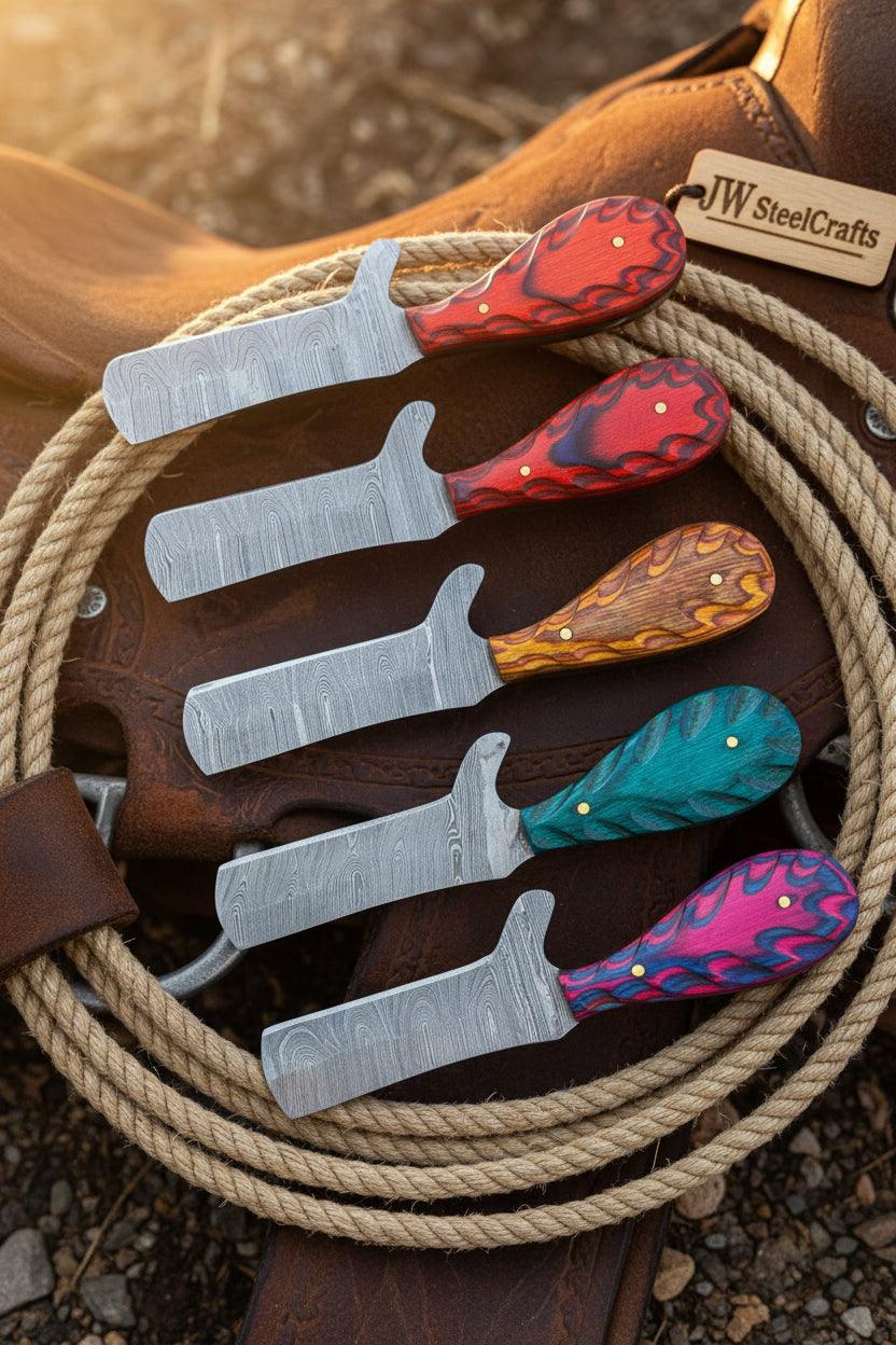 Feather Trail Damascus Bull Cutter Set by JW SteelCrafts