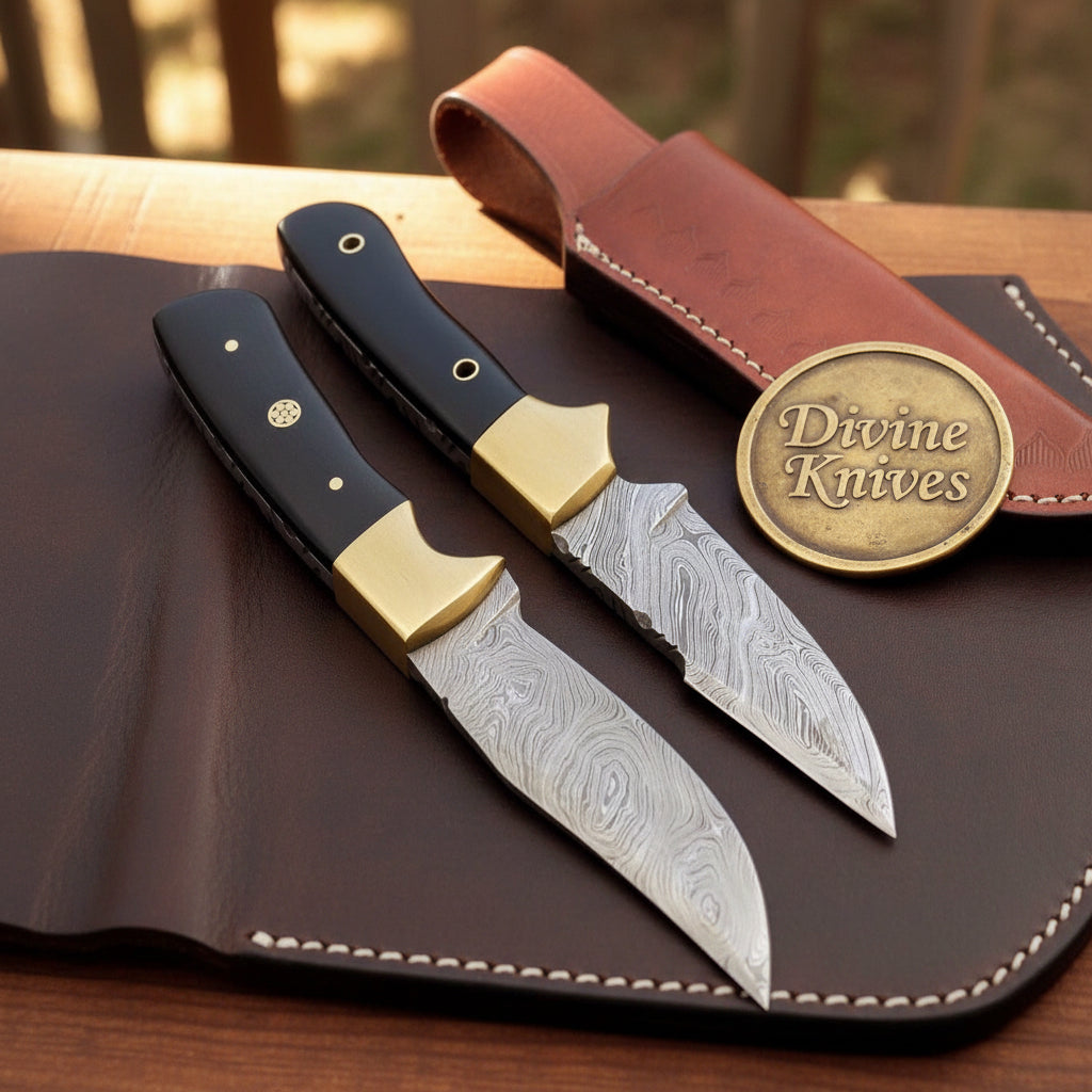 Brass Bolster Twin Knife Set with Black Horn Handles and Shared Red Leather Sheath by Divine Knives — product view 1