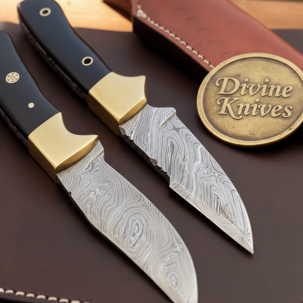 Brass Bolster Twin Knife Set with Black Horn Handles and Shared Red Leather Sheath by Divine Knives — product view 2