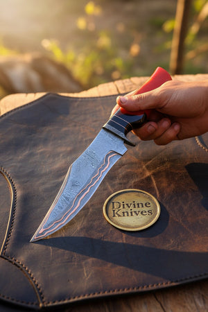 Copper-Line Bowie Hunter Knife with Red & Black Marbled Resin Handle