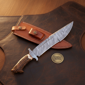 Crown Stag Damascus Bowie Rambo Knife with Natural Crown Stag Handle