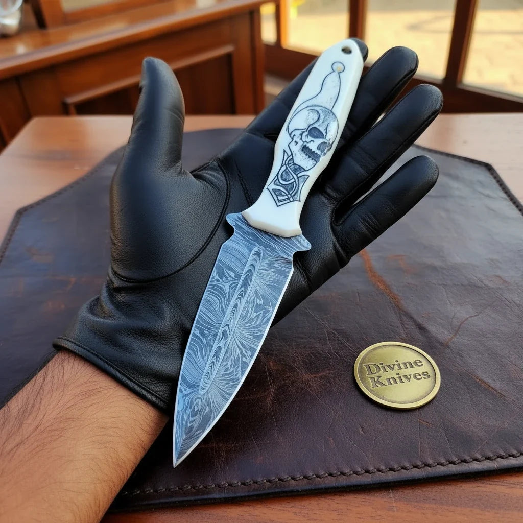 Scrimshaw Skull Double-Edged Dagger with Bone Handle