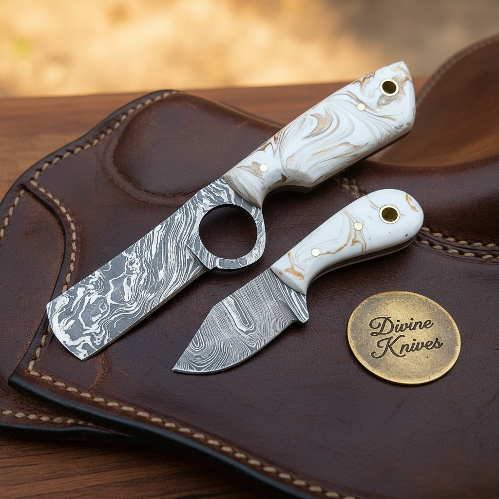 White Marbled Bull Cutter & Skinner Set blade and handle detail