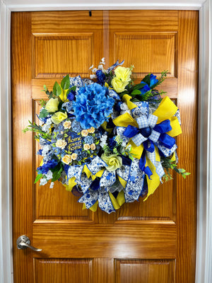 Blue & Yellow Welcome Wreath | Gingham Front Door Decor by Bouge Creations, view 10