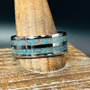 Turquoise with Ash Hammered Tungsten Memorial Ring