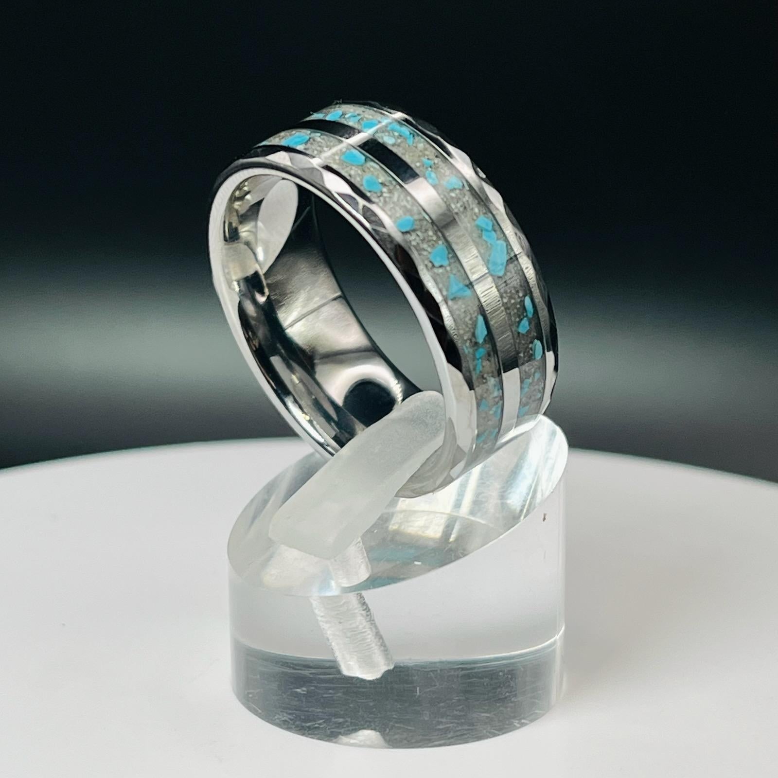 Turquoise with Ash Hammered Tungsten Memorial Ring