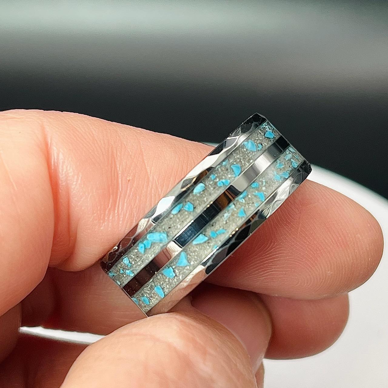 Turquoise with Ash Hammered Tungsten Memorial Ring