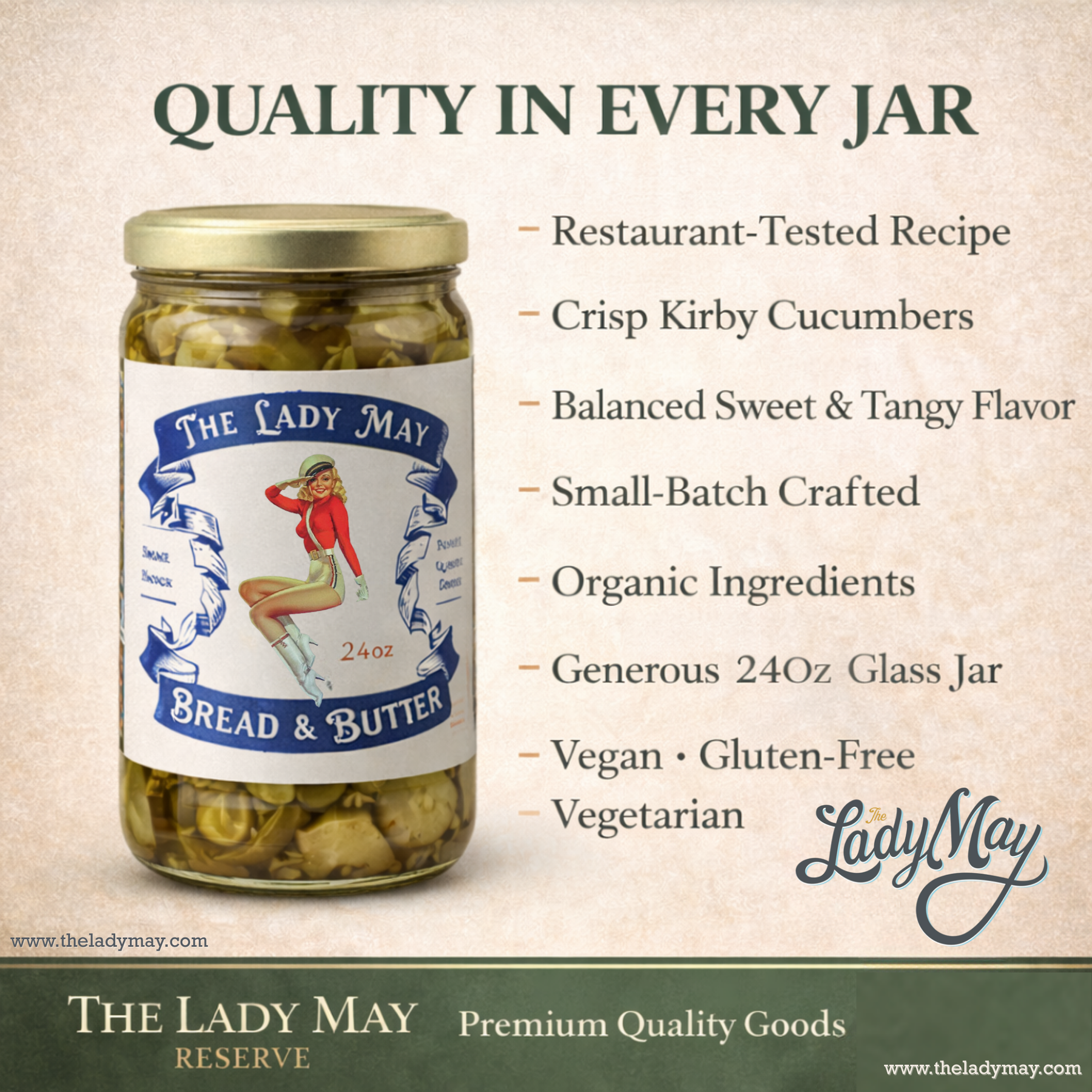 Lady May’s Bread & Butter Sweet Pickles – 2 Pack (24oz Jars) – Small Batch Southern Style Sweet & Tangy Kirby Cucumber Slices – Restaurant Recipe, Crisp & Crunchy – Organic Ingredients