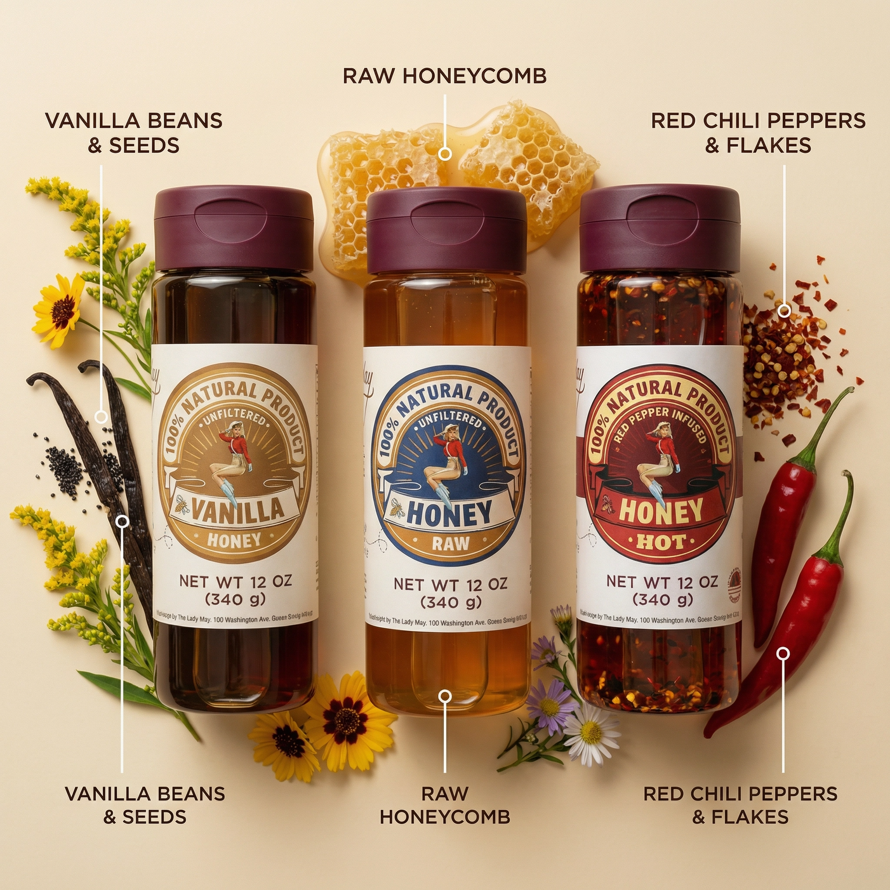 Honey Trio 3-Pack Gift Set - Raw, Hot & Vanilla Honey | Small Batch Farm Grown | Lady May