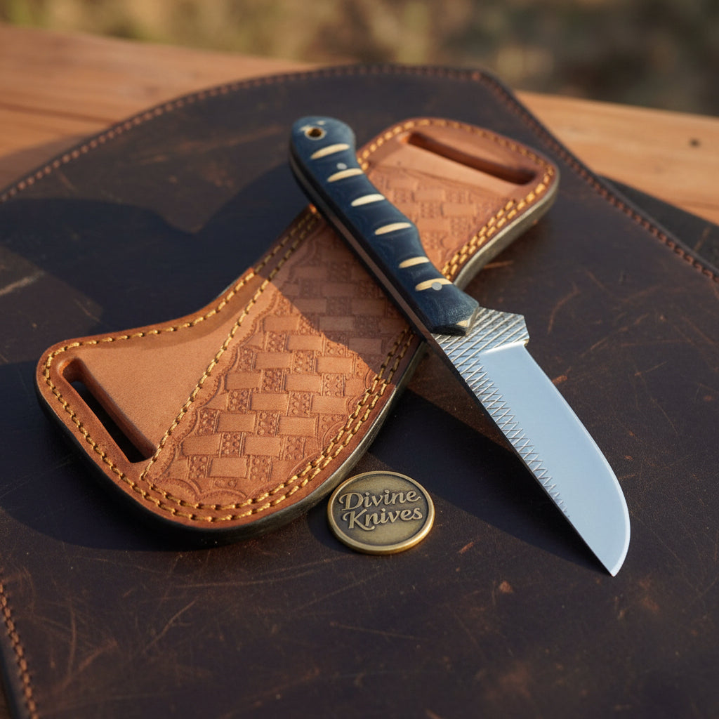 Black Infused Resin Rasp Cowboy Knife with Marbled Black Handle