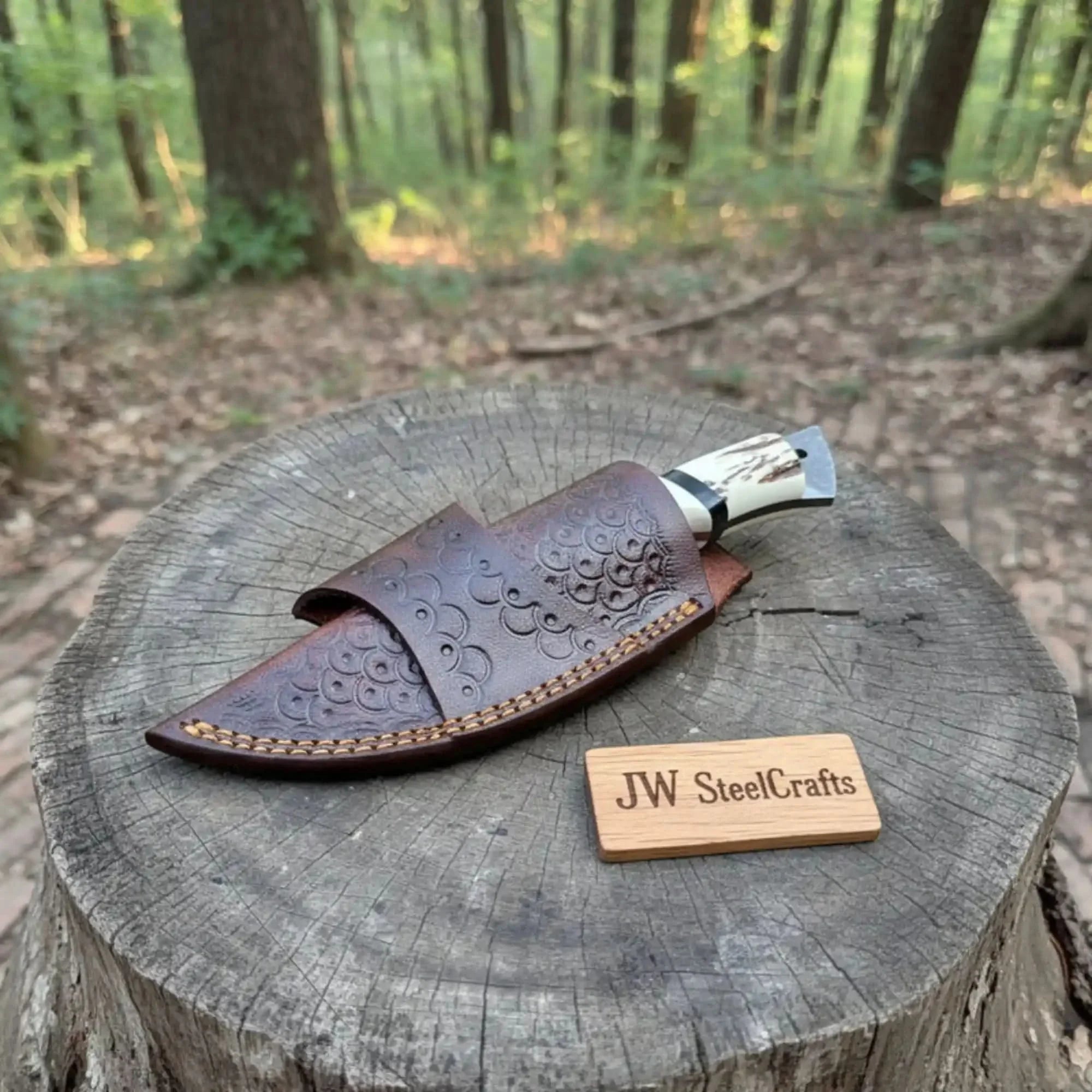 Handmade Damascus Drop Point Skinner Knife with Synthetic Stag Handle by JW SteelCrafts, Damascus knife detail photo 2