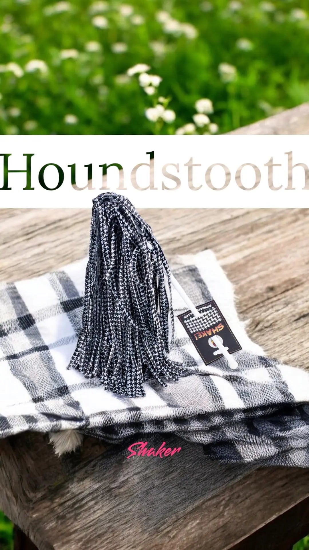 12 count houndstooth pom-pom shakers on a checkered cloth.