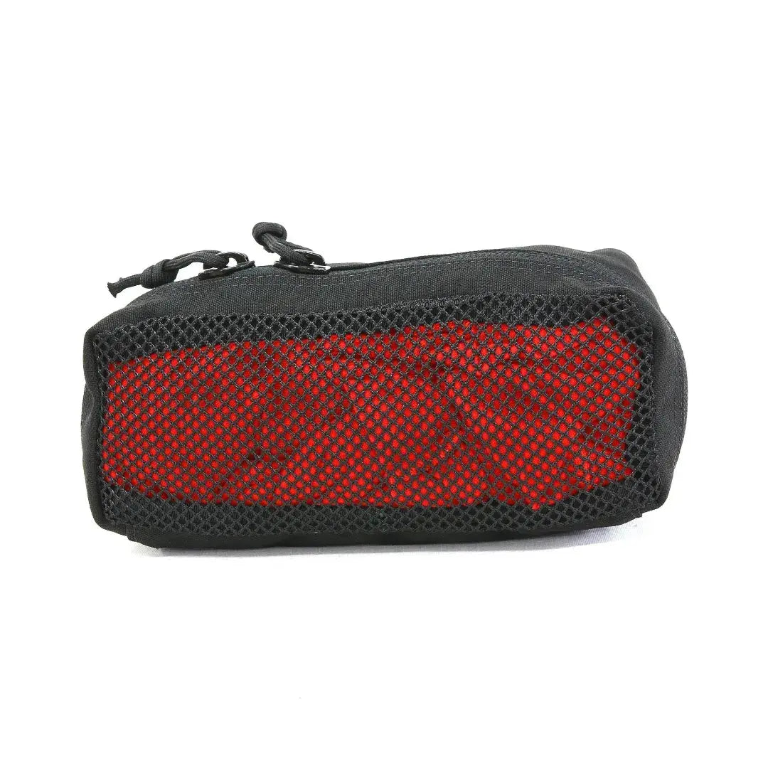 Small black mesh pouch with red interior and zipper