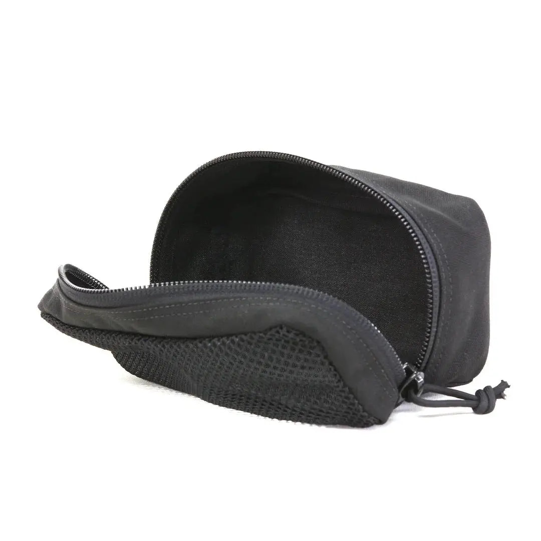 Black mesh pouch with zipper partially open showing interior
