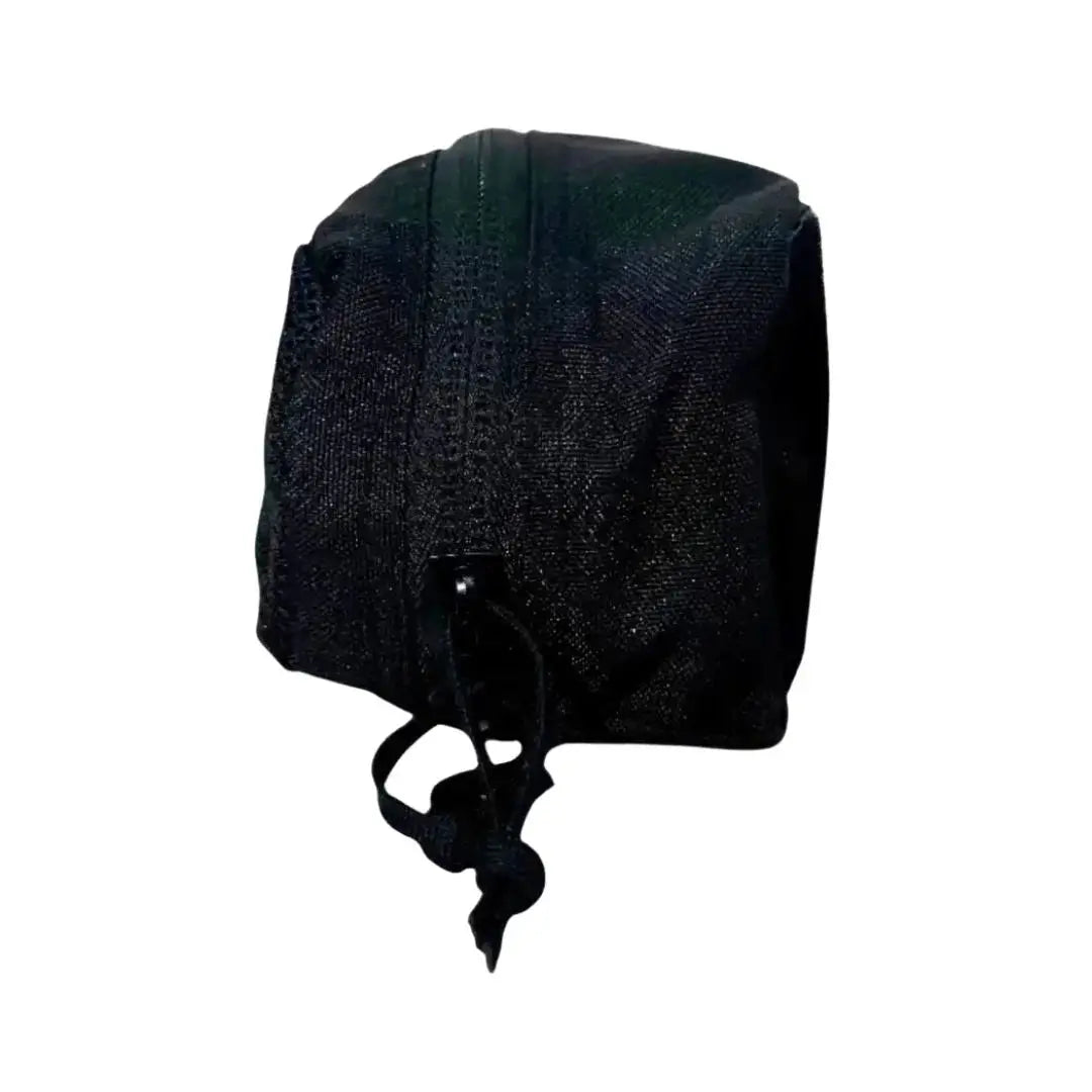 Black mesh pouch with zipper and drawstring closure