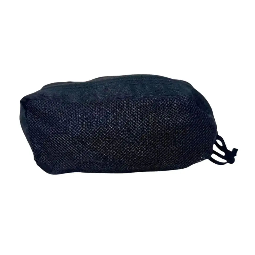 Black mesh pouch with drawstring closure