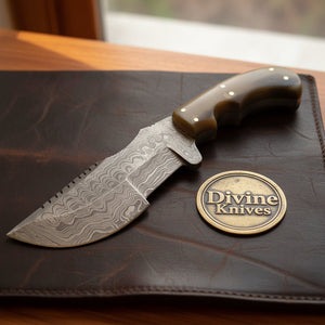 Squared Tip Tracker Knife with Ram Horn Handle and Long Sawback Blade for Camp Use