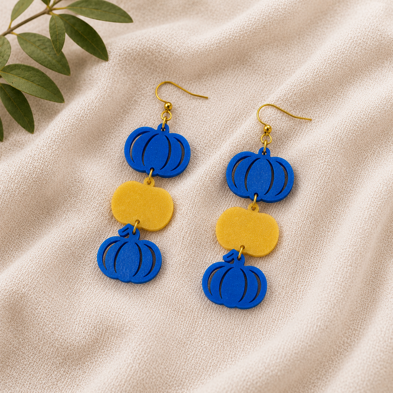 Blue Yellow Pumpkin Earrings, Down Syndrome Awareness Jewelry by Poor Hog Customs, handmade jewelry main product photo
