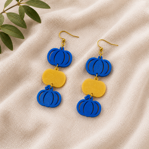 Blue Yellow Pumpkin Earrings, Down Syndrome Awareness Jewelry by Poor Hog Customs, handmade jewelry main product photo